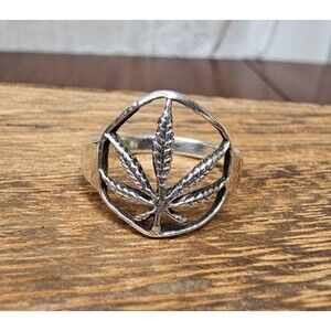 Open Leaf Design Marijuana Leaf 925 Silver Ring Size 9